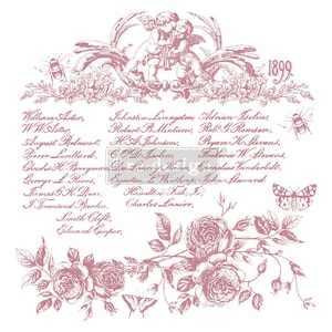 May include: A vintage-style image with a pink floral design and a list of names from 1899. The image features two cherubs playing musical instruments, bees, butterflies, and roses.