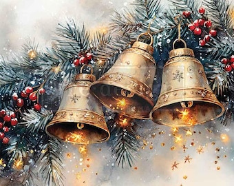 May include: Three antique gold Christmas bells with snowflake designs hang from a pine branch with red berries. The bells have a warm glow, and the background is a soft, snowy watercolor effect.
