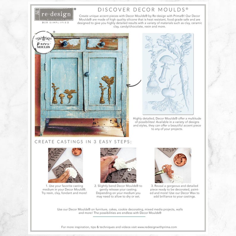 May include: A distressed light blue cabinet with gold botanical designs. The image also shows a detailed silicone mould with vegetable and plant designs, and instructions for creating castings using resin, clay, or fondant. The text reads "Discover Decor Moulds".