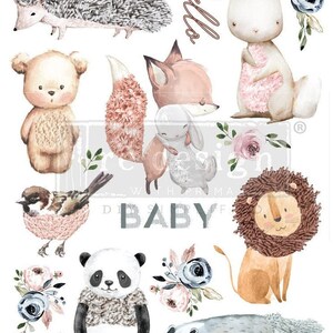 May include: Watercolor illustrations of woodland animals, including a hedgehog, bear, fox, rabbit, lion, panda, badger, and bird. Floral accents and the word "Hello" are also included. The word "BABY" is also in the image.