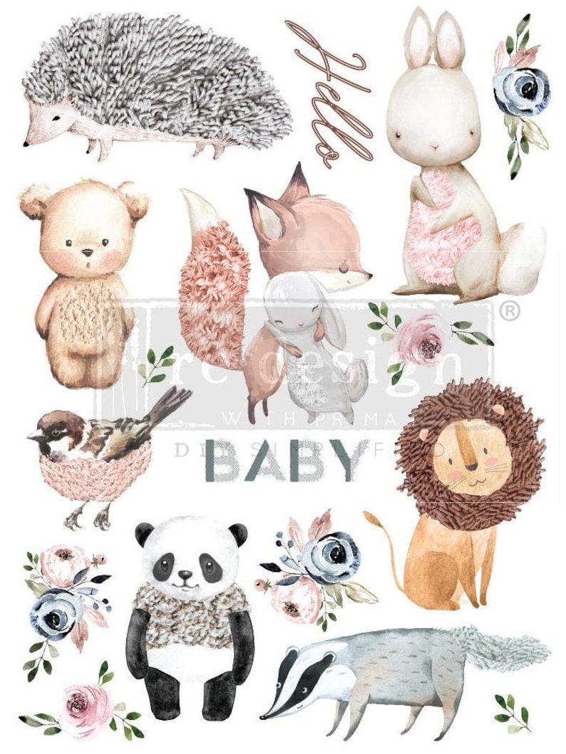 May include: Watercolor illustrations of woodland animals, including a hedgehog, bear, fox, rabbit, lion, panda, badger, and bird. Floral accents and the word "Hello" are also included. The word "BABY" is also in the image.