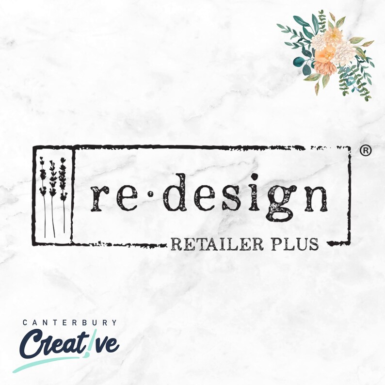 Op de afbeelding: Een afbeelding met een witte marmertextuur met de zwarte tekst re-design RETAILER PLUS in een rechthoekige rand, met een bloemenillustratie in de rechterbovenhoek en de blauwe en zwarte tekst CANTERBURY Creative in de linkerbenedenhoek.