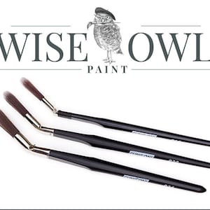 May include: Three angled paint brushes with black handles and brown bristles are displayed against a white background. The brushes are labeled "P24", "P26", and "P28". The Wise Owl Paint logo, featuring an owl wearing a beret, is at the top.