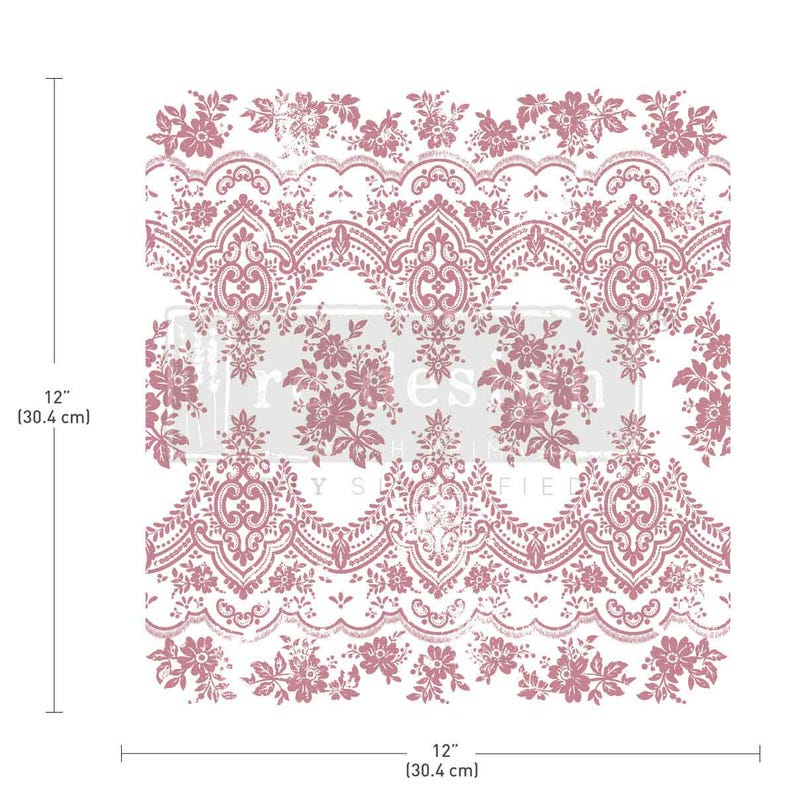 May include: A square stencil featuring a repeating dusty rose floral and damask lace pattern on a white background. The design includes intricate scrollwork and botanical motifs. Measurement markers indicate the dimensions are 12 inches by 12 inches.