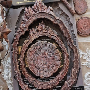 May include: A silicone decor mould set titled Evergreen & Embers featuring brown, tree-ring-shaped, and mountain-shaped cavities. The packaging includes text such as Decor Moulds, Evergreen & Embers, and indicates it is a 1-piece set.