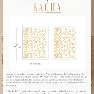Puede incluir: Hoja de transferencia de l&aacute;mina dorada con un delicado dise&ntilde;o de vides y follaje. La hoja mide 27,9 cm por 21,5 cm. El dise&ntilde;o se llama "Vineyard Elegance" de K&aacute;cha.