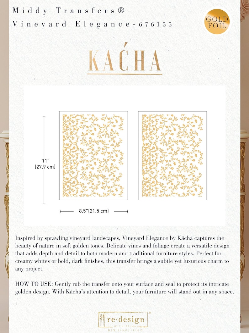 Puede incluir: Hoja de transferencia de l&aacute;mina dorada con un delicado dise&ntilde;o de vides y follaje. La hoja mide 27,9 cm por 21,5 cm. El dise&ntilde;o se llama "Vineyard Elegance" de K&aacute;cha.