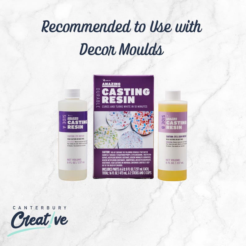 May include: Three bottles and a box of Amazing Casting Resin. The bottles are labeled Side A and Side B, each containing 237 ml. The box is purple and white, with the text "Cures and turns white in 10 minutes."