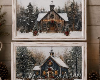 May include: Two rectangular framed wall art pieces featuring winter church scenes. The top print shows a rustic wooden church in a snowy forest with a wreath and red bow. The bottom print depicts a dark blue church with glowing lights and wreaths.