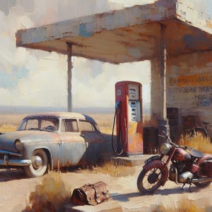 May include: Oil painting of a vintage gas station with a classic car and motorcycle. The scene is set in a desert landscape, featuring a red gas pump, a weathered building, and a brown leather suitcase.