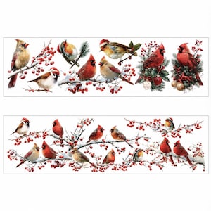 May include: A collection of decorative wall decals featuring various birds, including red cardinals and small brown birds, perched on snowy branches adorned with bright red berries. Some birds wear small red Santa hats, and others are nestled in pine.
