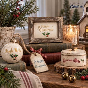 May include: A rustic Christmas decor set featuring a cream-colored ornament with Jingle Bells text, a rectangular frame with A Merry Christmas text, a tag with A happy Christmas text, and a round tin with Christmas Bells text, all with holly.
