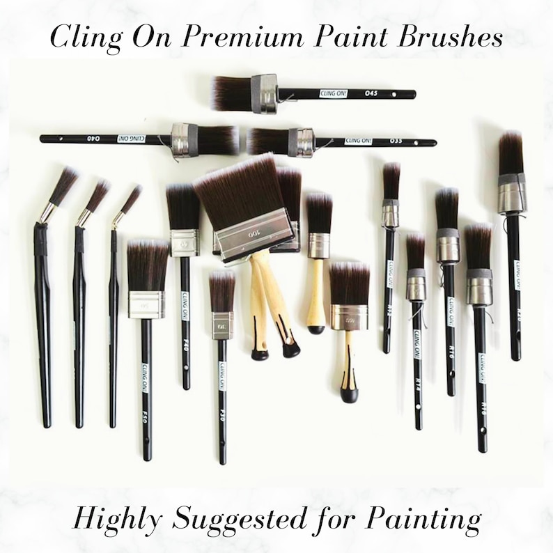 May include: A collection of paint brushes with black handles and natural bristles. The brushes are arranged on a white surface. The text "Cling On Premium Paint Brushes" and "Highly Suggested for Painting" is visible at the top and bottom of the image.