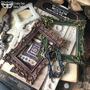 May include: An assortment of ornate baroque frame molds in various colors, including green, purple, and blue. The frames are intricately detailed with floral and scroll designs. The image also shows a package labeled "MOULDS BAROQUE FRAMES."