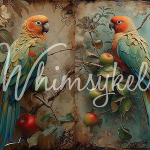 May include: Two green and blue parrots perched on a branch with red apples. The background is a vintage, faded, and textured design.