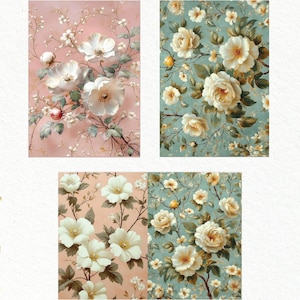 May include: Four digital collage sheets featuring white flowers with green leaves on a pink and blue background. The flowers are arranged in a repeating pattern.