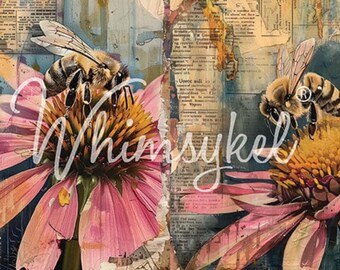 Honey Bee Duo Furniture Decoupage Paper - Whimsykel Designs Tissue Sheet - Bumble Bee & Flowers