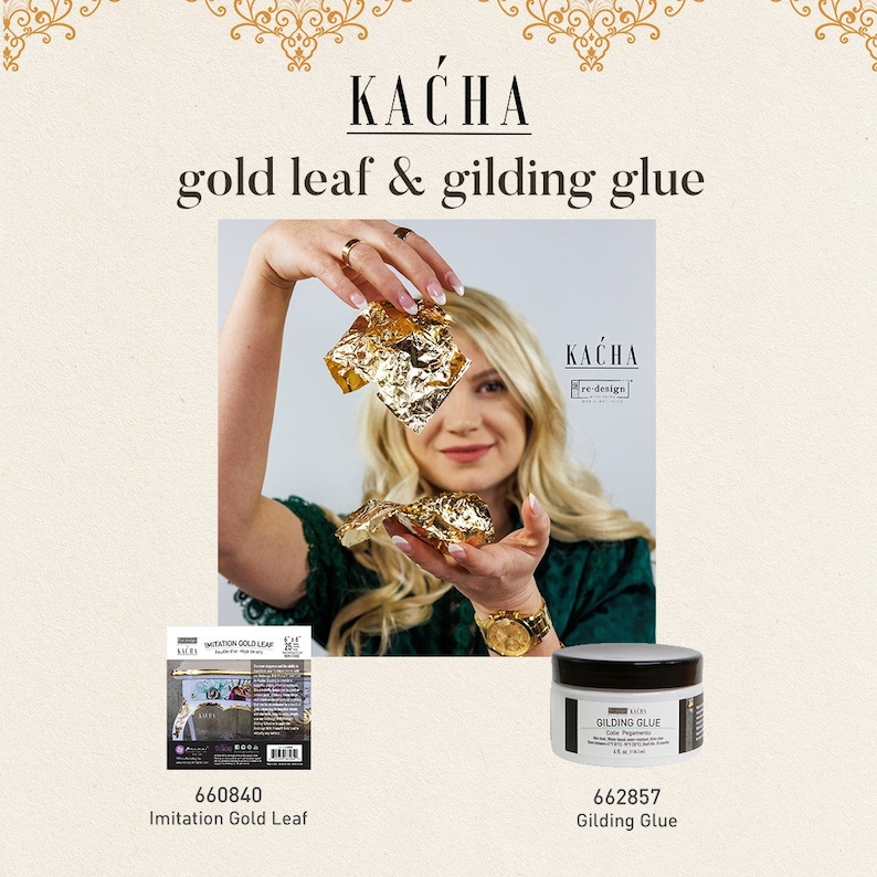 May include: The image showcases gold leaf and gilding glue products. The KACHA brand is featured, with a woman holding gold leaf. The products include imitation gold leaf and gilding glue in a white jar. The text "gold leaf & gilding glue" is displayed.