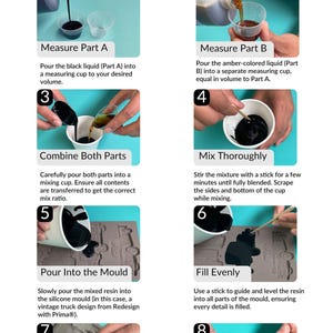 May include: Step-by-step guide on using resin or casting medium with a silicone mold. Instructions include measuring, mixing, pouring, and demolding. The final product is a black vintage truck design.