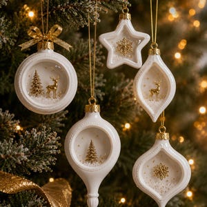 May include: Five white ceramic Christmas ornaments with gold accents hanging from gold strings. The ornaments feature internal dioramas of gold deer, pine trees, and snowflakes set against a white snowy base, topped with gold metal caps.