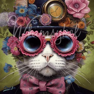 May include: A whimsical illustration of a cat wearing a top hat adorned with flowers and a pocket watch. The cat sports pink-rimmed goggles and a pink bow tie, set against a green background. The image has the text "Whimsical" and "Creative".