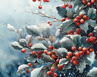Pode incluir: Ilustração em aquarela de ramos de azevinho com bagas vermelhas e neve. As folhas são de um verde-azulado suave, e o fundo é azul suave com flocos dourados. Um design festivo com tema de inverno.