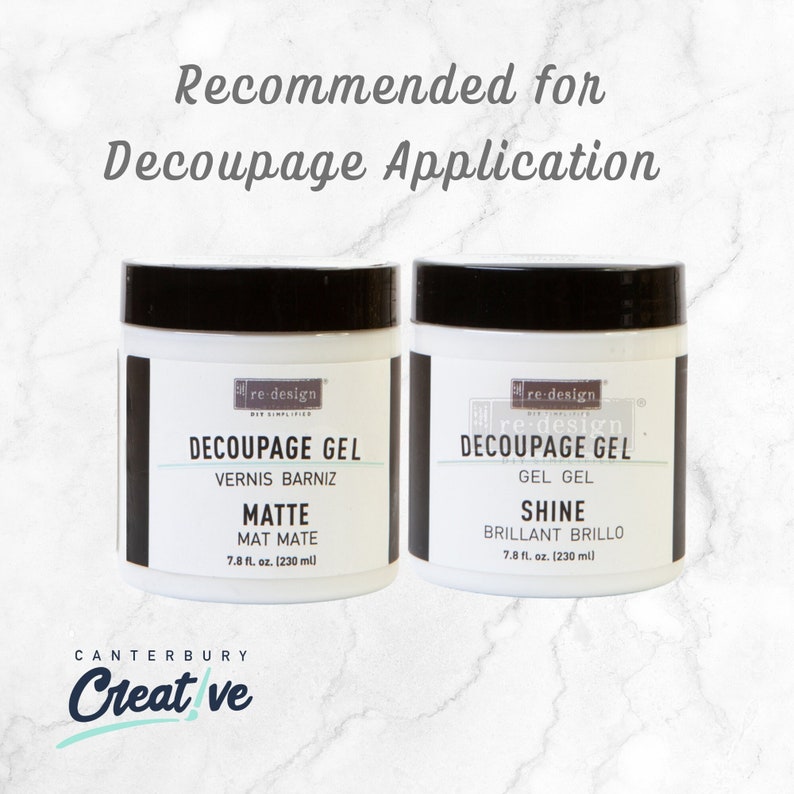 May include: Two bottles of decoupage gel, one labeled "Matte" and the other labeled "Shine". Both bottles are white with black lettering and are 7.8 fluid ounces.