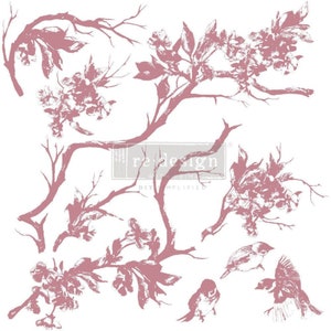 May include: A pink and white floral design with birds. The design features branches with leaves and flowers, and birds with outstretched wings. The design is perfect for crafting and decorating.