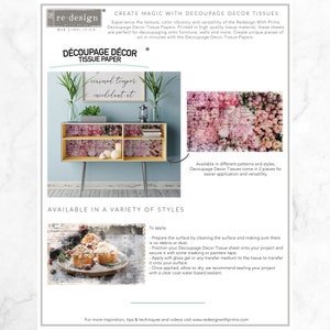 May include: Decoupage Decor Tissue Paper in a floral pattern with pink and white flowers. The tissue paper is shown on a wooden shelf with a quote that reads "carpe tempor inculitant et". The tissue paper is available in different patterns and styles and comes in 2 pieces for easier application.