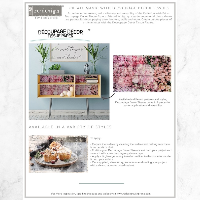 May include: Decoupage Decor Tissue Paper in a floral pattern with pink and white flowers. The tissue paper is shown on a wooden shelf with a quote that reads "carpe tempor inculitant et". The tissue paper is available in different patterns and styles and comes in 2 pieces for easier application.