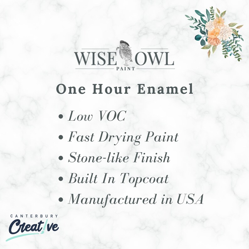 May include: Wise Owl One Hour Enamel paint features low VOC, fast drying time, a stone-like finish, and a built-in topcoat.  The paint is manufactured in the USA.