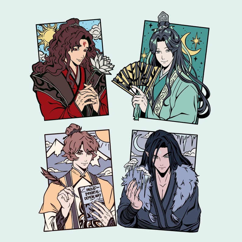 May include: Four colorful illustrations of anime-style characters. Each character is framed with a unique background, including a sun, moon, and mountains. The characters are depicted with various props, such as a fan, flower, and book.