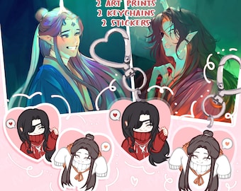 Heaven Official’s Blessing Bundle Set | Hua Cheng & Xie Lian Art Prints, Acrylic Keychains and Vinyl Stickers | TGCF Merch Gift Set
