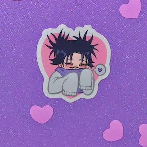 May include: A sticker featuring an anime-style character with dark spiky hair, a purple scarf, and gray clothing, set against a pink heart. The sticker is on a purple glittery background with pink heart-shaped accents.