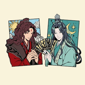 May include: Two stylized illustrations of anime characters. One character has long, wavy brown hair, red clothing, and a lotus flower. The other character has long black hair, a green robe, and a fan. The background features a sun and moon.