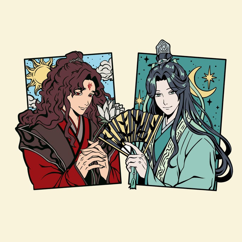 May include: Two stylized illustrations of anime characters. One character has long, wavy brown hair, red clothing, and a lotus flower. The other character has long black hair, a green robe, and a fan. The background features a sun and moon.