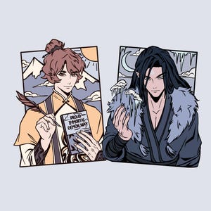 May include: Two illustrated portraits of anime-style characters. One is in a yellow and brown outfit, holding a quill and a book titled "Proud Immortal Demon Way." The other is in a dark outfit with a fur collar, holding ice. Backgrounds include mountains, sun, moon.
