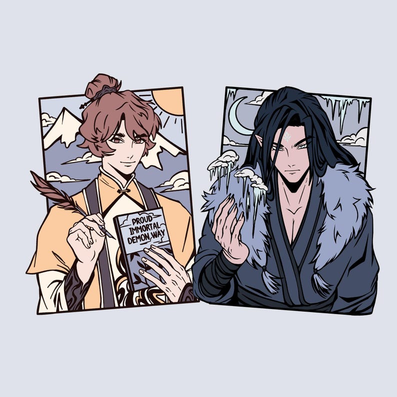 May include: Two illustrated portraits of anime-style characters. One is in a yellow and brown outfit, holding a quill and a book titled "Proud Immortal Demon Way." The other is in a dark outfit with a fur collar, holding ice. Backgrounds include mountains, sun, moon.