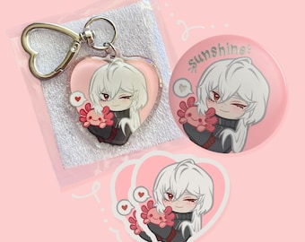 A Date with Death Casper Merch Pack | Grim Reaper Keychain, Silver Foil Badge & Sticker Set | Cozy Axolotl Fanart Bundle