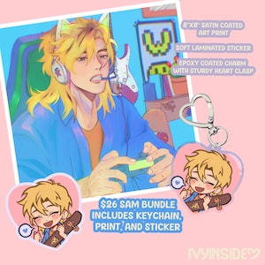 May include: An illustration of a blonde character with cat ears wearing a headset, playing a video game. The image includes an 20.3cm x 20.3cm satin coated art print, a soft laminated sticker, and an epoxy coated charm with a heart clasp. The bundle includes a keychain, print, and sticker.