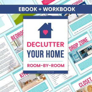 May include: A blue and red house icon with a heart inside, the text "Declutter Your Home Room-by-Room" and the website "simplifyingmomlife.com". This is a digital ebook and workbook for decluttering your home.