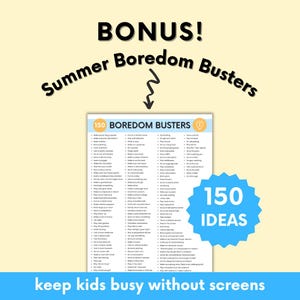 K&ouml;nnte beinhalten: Hellgelber Hintergrund mit dem Text "BONUS! Summer Boredom Busters" in Schwarz. Darunter eine Liste mit 150 Ideen, um Kinder zu besch&auml;ftigen, mit dem Text "keep kids busy without screens" unten.