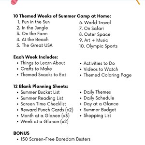 K&ouml;nnte beinhalten: Eine blau-wei&szlig;e Grafik listet die Inhalte eines Sommercamp-Programms f&uuml;r zu Hause auf. Der Text umfasst 10 Themenwochen, 12 Planungsb&ouml;gen und Bonus-Besch&auml;ftigungen ohne Bildschirm. Dekorative Elemente sind rosa Flip-Flops und ein Sonnenschirm.
