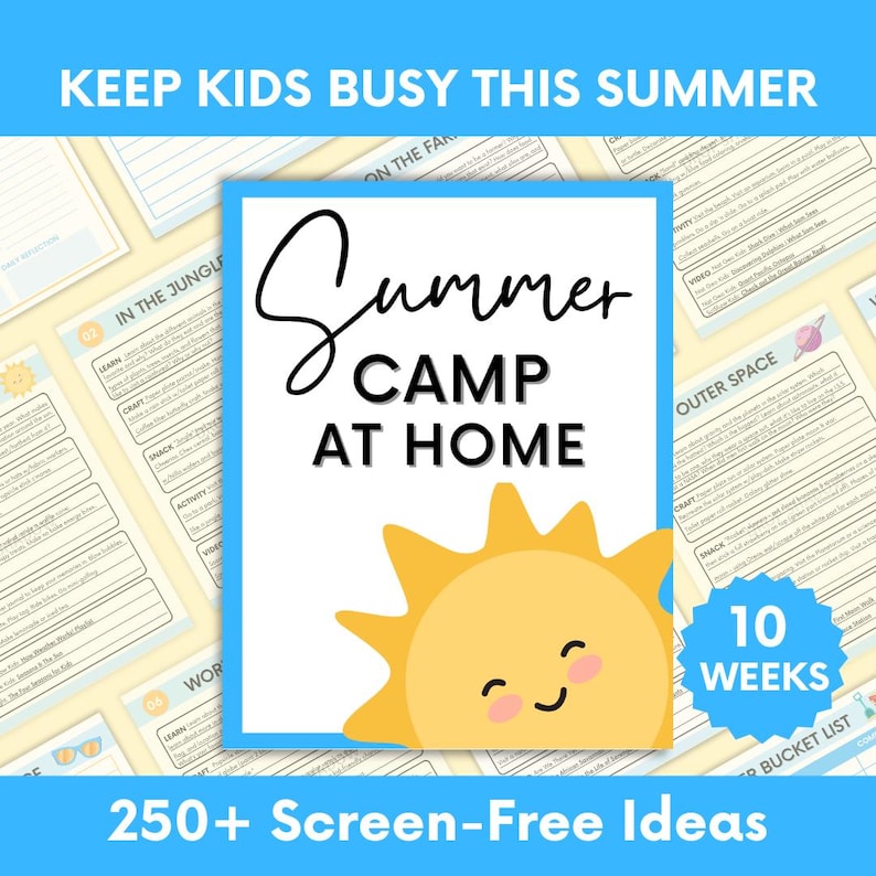 K&ouml;nnte beinhalten: Ein farbenfrohes Bild mit dem Text "Summer Camp at Home" und einer l&auml;chelnden Sonne. Das Bild enth&auml;lt auch die Texte "Keep Kids Busy This Summer", "250+ Screen-Free Ideas" und "10 Weeks".