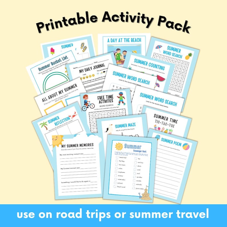 K&ouml;nnte beinhalten: Eine Sammlung druckbarer Sommer-Aktivit&auml;tsseiten mit Titeln wie "Summer Bucket List", "Summer Word Search" und "Summer Maze". Die Seiten sind hellblau mit farbenfrohen Illustrationen und Text. Die W&ouml;rter "Printable Activity Pack" und "use on road trips or summer travel" sind ebenfalls sichtbar.