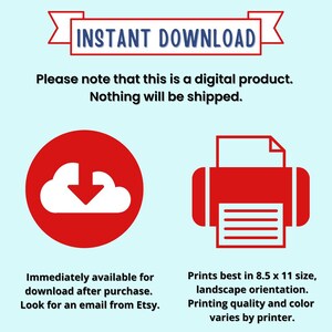 Peut inclure: Annonce de produit num&eacute;rique avec le texte "INSTANT DOWNLOAD" dans une banni&egrave;re rouge. L'image comprend une ic&ocirc;ne de nuage rouge avec une fl&egrave;che vers le bas, une ic&ocirc;ne d'imprimante rouge et du texte sur les t&eacute;l&eacute;chargements num&eacute;riques et l'impression au format 21,6 x 27,9 cm.