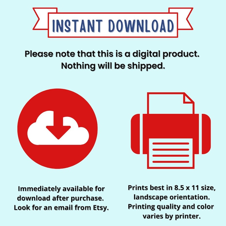 Peut inclure: Annonce de produit num&eacute;rique avec le texte "INSTANT DOWNLOAD" dans une banni&egrave;re rouge. L'image comprend une ic&ocirc;ne de nuage rouge avec une fl&egrave;che vers le bas, une ic&ocirc;ne d'imprimante rouge et du texte sur les t&eacute;l&eacute;chargements num&eacute;riques et l'impression au format 21,6 x 27,9 cm.