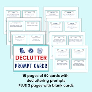 Peut inclure: Un ensemble de cartes d'invite au d&eacute;sencombrement. Les cartes blanches ont des bordures bleues et du texte. Les cartes sont organis&eacute;es par pi&egrave;ce, comme la cuisine, le salon et le placard. Les cartes contiennent des invites telles que "D&eacute;sencombrer les &eacute;pices".