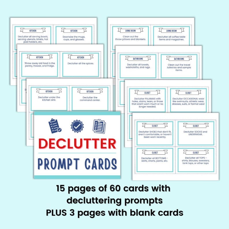 Peut inclure: Un ensemble de cartes d'invite au d&eacute;sencombrement. Les cartes blanches ont des bordures bleues et du texte. Les cartes sont organis&eacute;es par pi&egrave;ce, comme la cuisine, le salon et le placard. Les cartes contiennent des invites telles que "D&eacute;sencombrer les &eacute;pices".