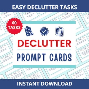 Puede incluir: Imagen de tarjetas de indicaciones "Easy Declutter Tasks", un producto digital. Las tarjetas son blancas con texto en color turquesa y rojo, con indicaciones para ordenar áreas como la cocina y el dormitorio. También incluye el texto "Instant Download".